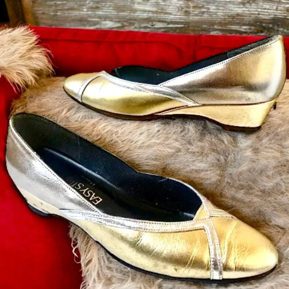Easy Street Vintage 80's Low Wedge Pump Silver + Gold Made in USA USED